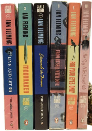 Group of 'Bond Re-jacketed' paperback series. Comprising: Live and Let Die, Moonraker, Diamonds Are Forever, From Russia With Love, For Your Eyes Only (short stories inc. From A View To A Kill, Quantum of Solace), and The Spy Who loved Me