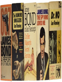 Ian Fleming's James Bond and related novels. Group lot comprising: Moonraker, From Russia With Love (2 copies), Dr. No (2 copies), Goldfinger, Thunderball (2 copies), The Spy Who loved Me, On Her Majesty's Secret Service, James Bond The Spy Who Loved Me, The Diamond Smugglers and 007 A Report.