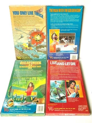 Four official James Bond role-playing games, with accompanying book. Comprising; You Only Live Twice (1984, ISBN 0-912515-08-2), Live and Let Die (1984, ISBN 0-912515-09-0), Goldfinger II: The Man with the Midas Touch (1985, ISBN 0-912515-12-0), The Man with the Golden Gun (1985, ISBN 0-912515-13-9), Thrilling Locations (1985, book, ISBN 0-912515-10-4)