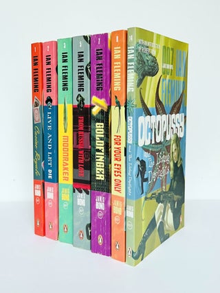 Group of 'Bond Re-jacketed' paperback series. Comprising: Casino Royale, Live and Let Die, Moonraker, From Russia With Love, Goldfinger, For Your Eyes Only (short stories inc. From A View To A Kill, Quantum of Solace), and Octopussy & The Living Daylights.