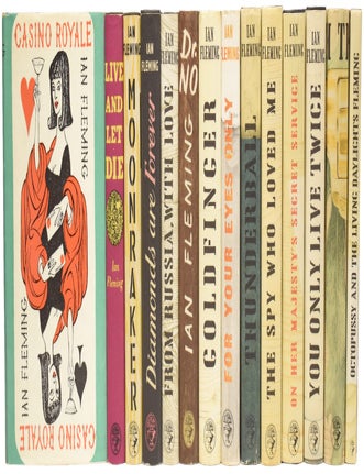 Item #75709 Complete James Bond series comprising Casino Royale (1959 printing), Live and Let Die (1966), Moonraker (1965), Diamonds Are Forever (1979), From Russia With Love (1962), Dr. No (1958), Goldfinger (1965), For Your Eyes Only (short stories inc. From A View To A Kill, 1965), Thunderball (1983), The Spy Who Loved Me (1965), On Her Majesties Secret Service (1964), You Only Live Twice (1964), The Man with the Golden Gun (1965), Octopussy and The Living Daylights (short stories, 1966). [Three FIRST EDITIONS]. Ian Lancaster FLEMING.