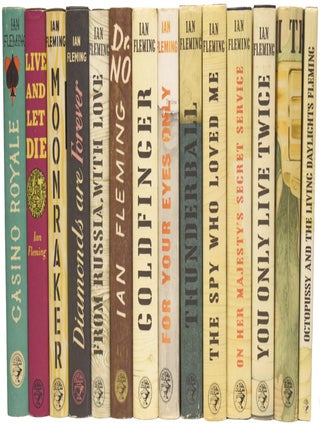 Complete James Bond series comprising Casino Royale (1959 printing), Live and Let Die (1966), Moonraker (1965), Diamonds Are Forever (1979), From Russia With Love (1962), Dr. No (1958), Goldfinger (1965), For Your Eyes Only (short stories inc. From A View To A Kill, 1965), Thunderball (1983), The Spy Who Loved Me (1965), On Her Majesties Secret Service (1964), You Only Live Twice (1964), The Man with the Golden Gun (1965), Octopussy and The Living Daylights (short stories, 1966). [Three FIRST EDITIONS].